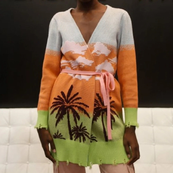 NWOT Kendall & Kylie Tropical Color Block Distressed Tie-Waist Cardigan - Picture 4 of 4